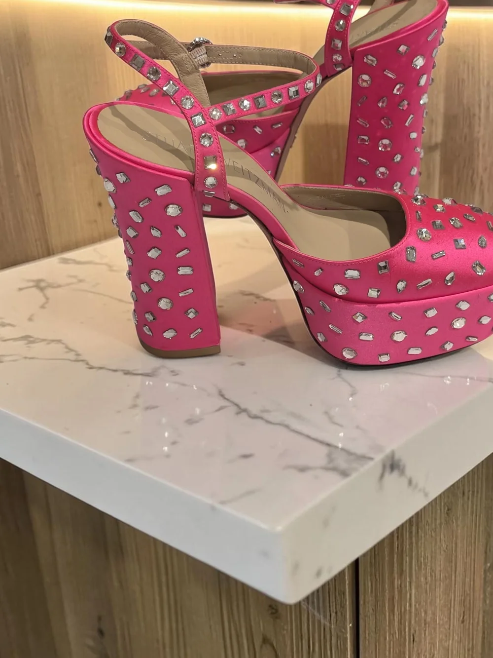 Stuart Weitzman Pink Satin Rhinestone Platform Heels 7 NWOB